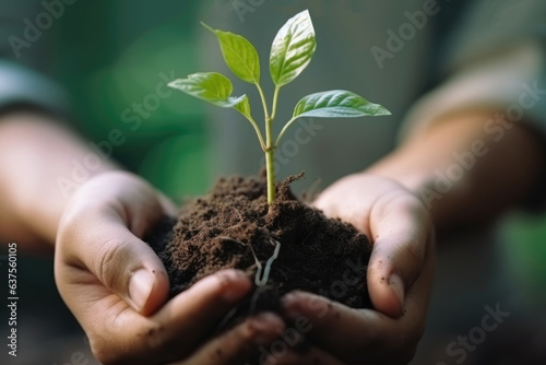 Two hands hold the earth with a plant sprout. Hands holding sapling in soil