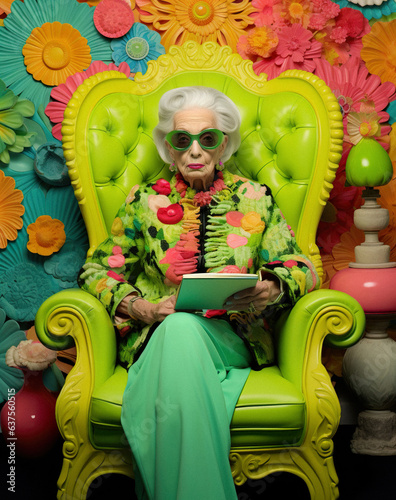 Older modern grandmother, beautiful elegant woman sitting in her old-fashioned stylish armchair and enjoying her retirement. Retro expensive furniture.