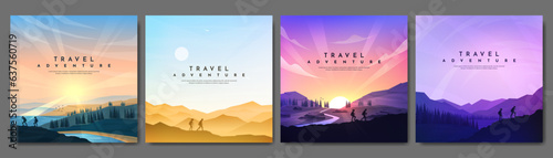 Vector landscapes set. Travel concept of discovering, exploring and observing nature. Hiking. Adventure tourism. People climbing to the top and going hike. Design elements for social media, card