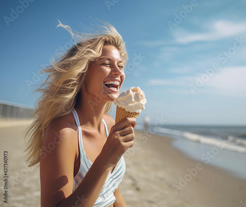 blonde young woman with ice cream on the beach smiling