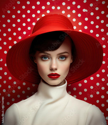 Minimal modern fashion posing of an elegant lady, dominant bright red color. Luxury is minimal, printed dots are once again a must-have for a modern, business outfit. photo