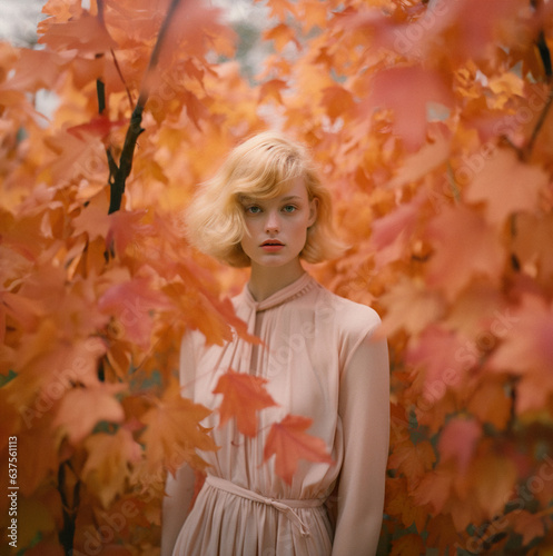 Autumn portrait of a young woman in warm tones. A beautiful girl covered in red, yellow and brown Autumn leaves from a tree. Fall is an art and romance.