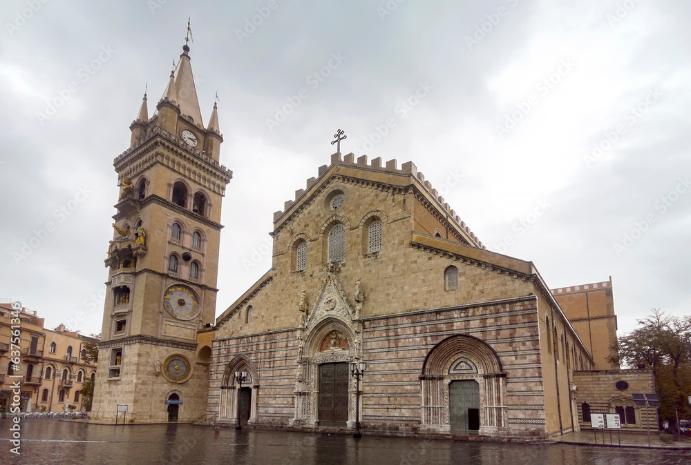 Travel in Italy - Messina Cathedral on Piazza Duomo Square in Messina. Bell Tower is famous for biggest and most complex astronomical clock with gilded bronze statues