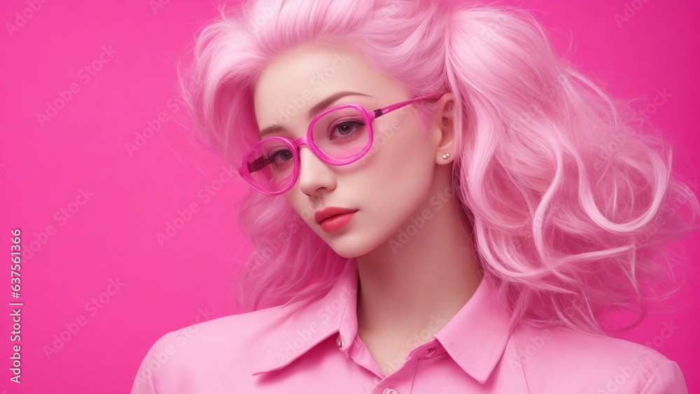 Beautiful woman with pink hair, pink lips makeup, Generative AI