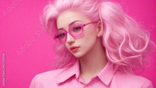 Beautiful woman with pink hair, pink lips makeup, Generative AI