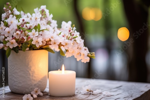 beautiful flowering tree in spring with burning white candle