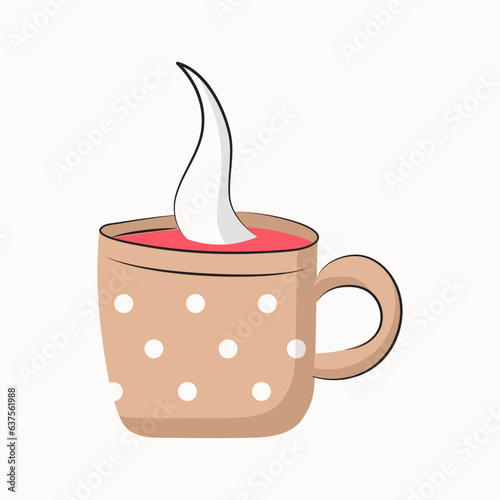 Cozy mug with hot raspberry tea. Beige cup in circles. Dishes with hot fragrant drink. Home atmosphere, indoors. Isolated item. Flat design with outline. Vector illustration.