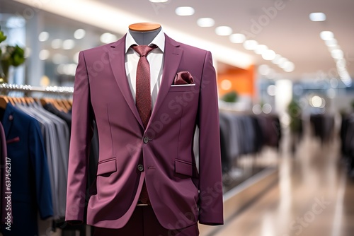 A stunning new purple suit on a department store mannequin. Beautiful shop in the background. Natural light. Generative AI.