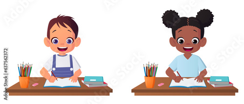 Cute Cartoon Caucasian And African Little Girls Studying Together Vector