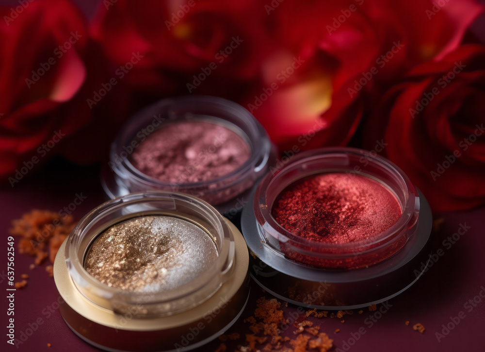 A close-up of pearlescent shimmery red,pink and orange glitter eyeshadows for creating eye makeup A close-up of pearlescent shimmery red,pink and orange glitter eyeshadows for creating eye makeup
