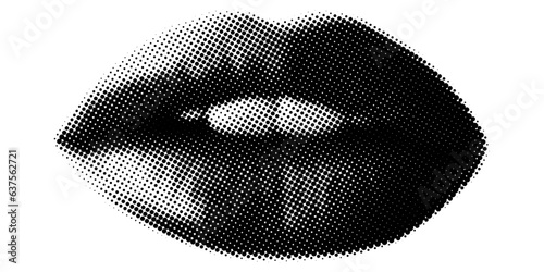 Women's lips in halftone texture. Trendy grunge style. Isolated collage element for social media, poster design and more. Vector design.