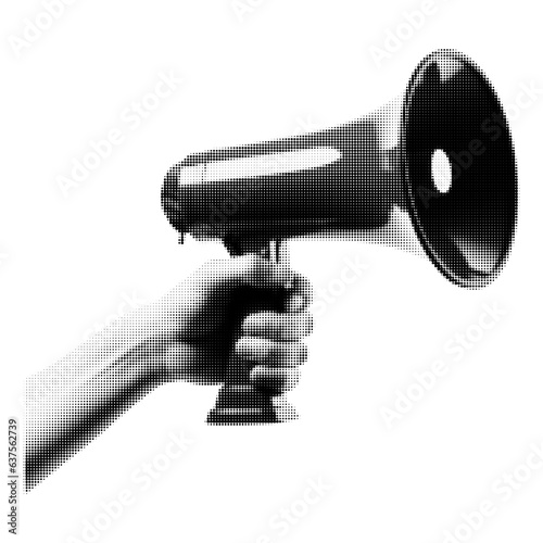 The hand is holding a loudspeaker. Trendy grunge style. Isolated collage element for social media, poster design and more. Vector design.