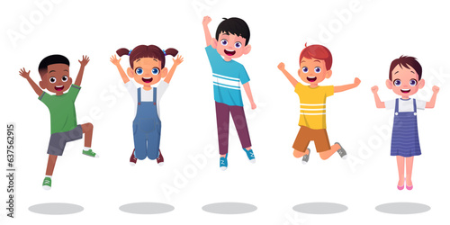Joyful Kids jumping Together, Children Group Having Fun In Different Poses Vector Illustration