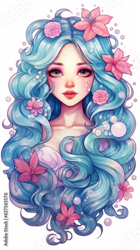 A girl with blue hair and flowers in her hair