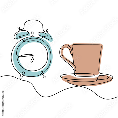 Morning coffee, coffee cup and alarm clock continuous line colourful vector illustration
