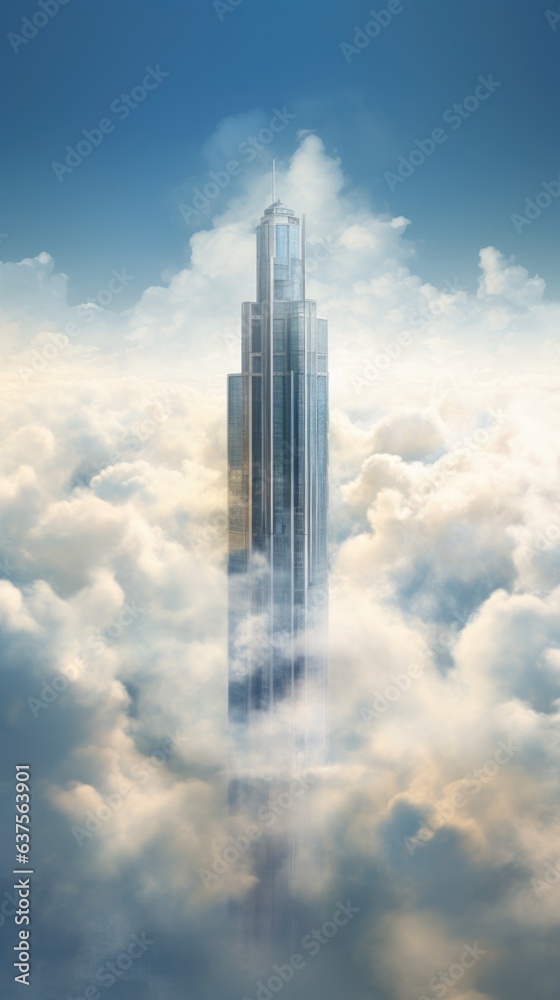 Fototapeta premium A tall building in the middle of a cloud filled sky