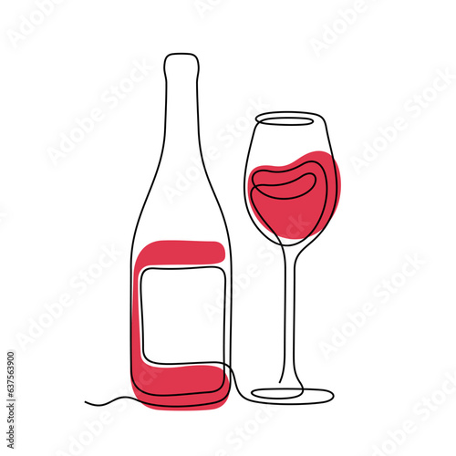 Red wine bottle and glass continuous line colourful vector illustration