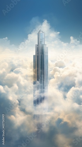 A tall building in the middle of a cloud filled sky