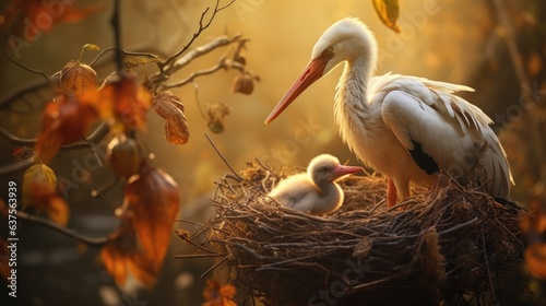 A mother stork and her baby in a nest