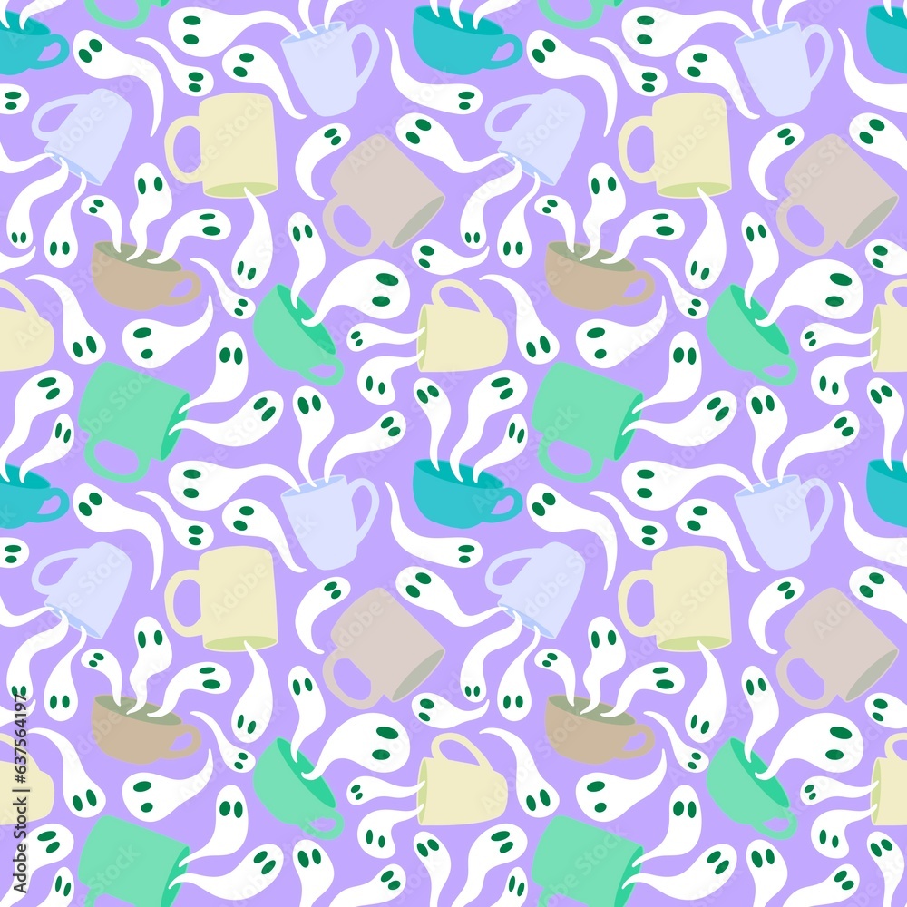 Halloween cartoon monsters seamless ghost and cup of tea and coffee pattern for wrapping paper and fabrics Halloween cartoon monsters seamless ghost and cup of tea and coffee pattern for wrapping paper and fabrics