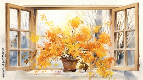 A painting of a potted plant on a window sill