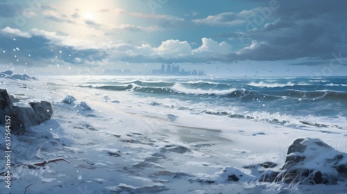 A painting of a snowy beach with a city in the background