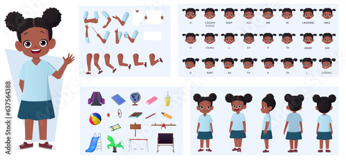 African American Girl Character Constructor Pack with Gestures, Facial Expressions, and Different Poses Vector Illustration