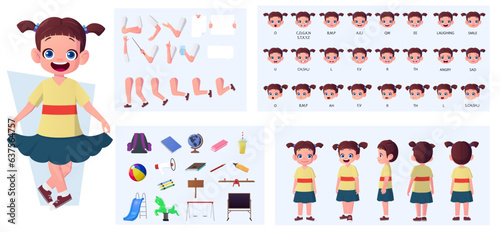 Little Girl Character Creation Pack with Turnaround View. Lip-sync, Emotions, Hand Gestures, Pose and Various School and Playground Items Vector Illustration