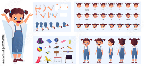Cartoon Little Girl Character Constructor with Gestures and Emotions. Child Side, Front, Rear View, with Body Parts for Animation and Lip-Sync Vector Illustration. photo