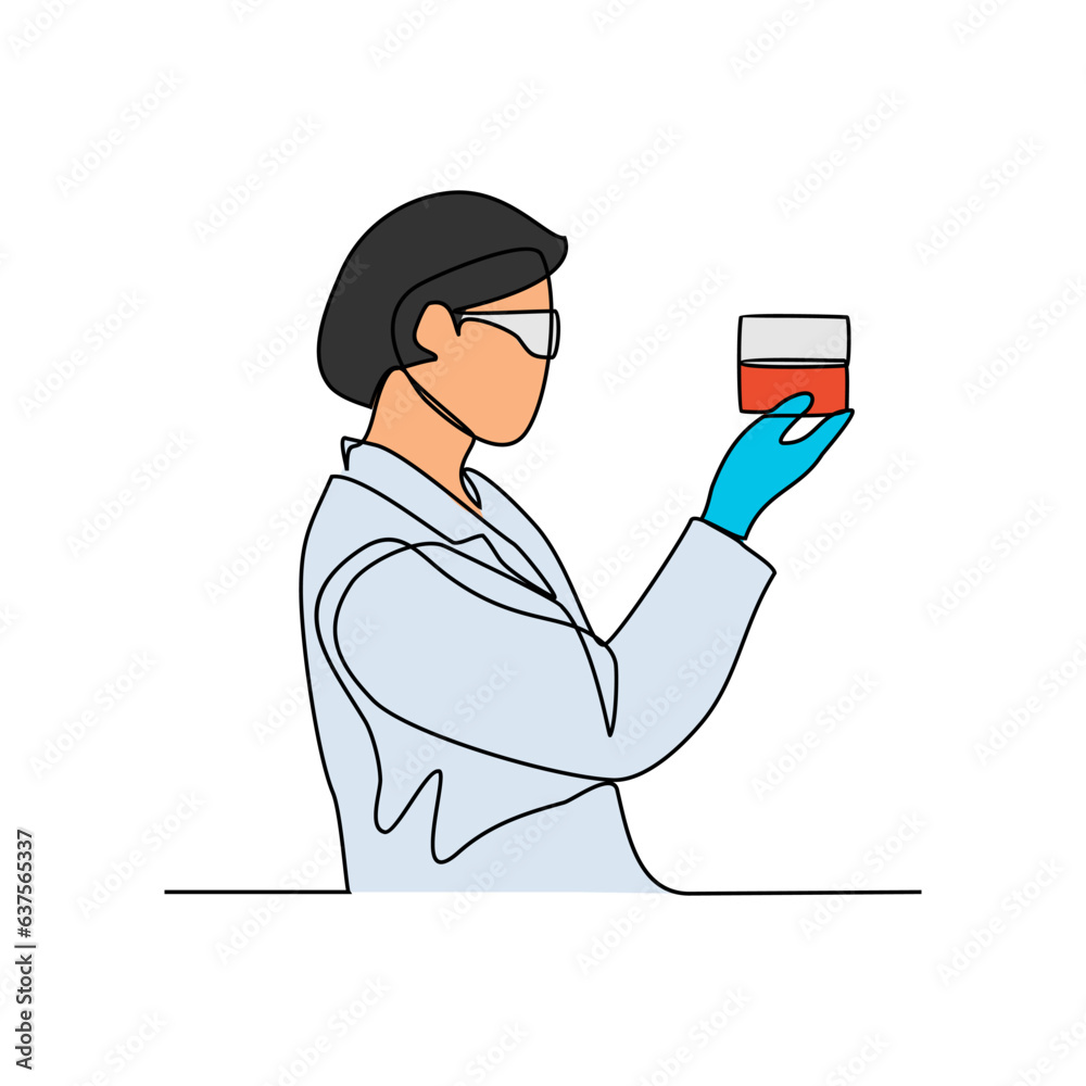 One continuous line drawing of scientist do research in the laboratory with white background. Chemical and laboratory design in simple linear style. Science design concept vector illustration.