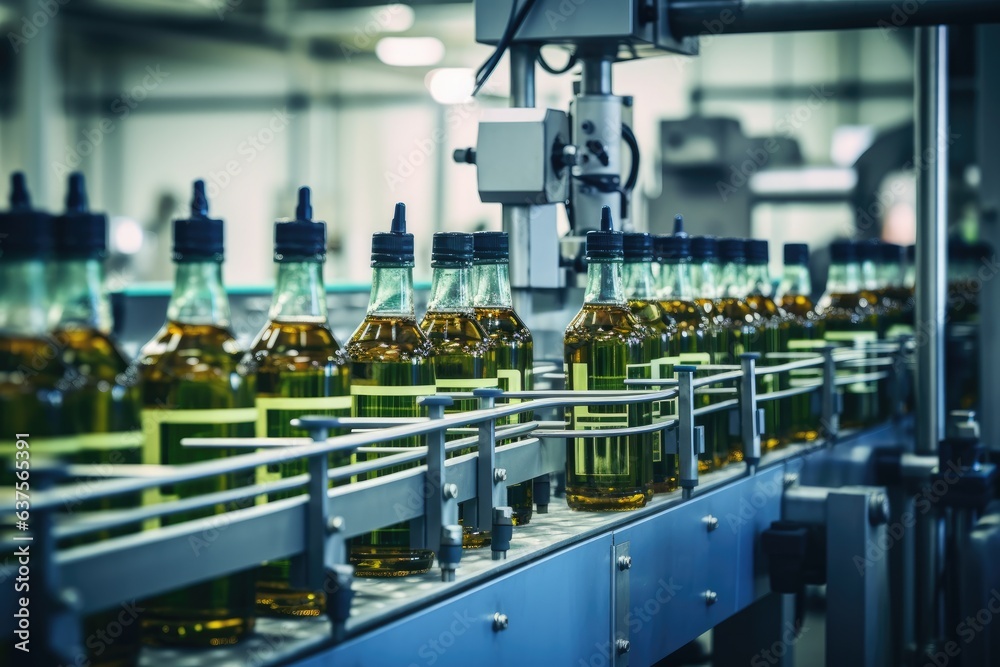 Process of beverage manufacturing on a conveyor belt at a factory. Process of beverage manufacturing on a conveyor belt at a factory.