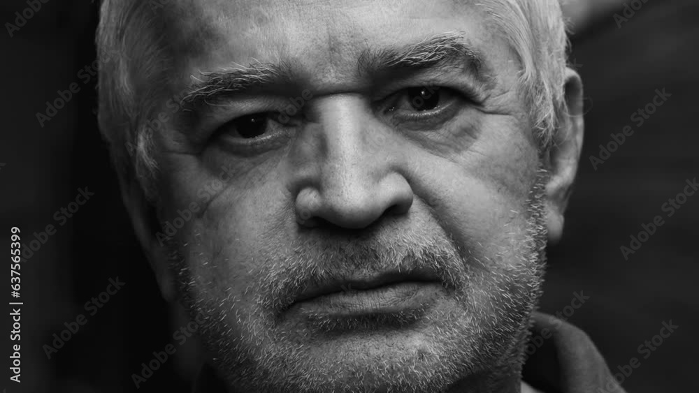 Dramatic portrait of a wrinkled senior man close-up face in monochromatic black and white photography staring at camera with stern concerned expression