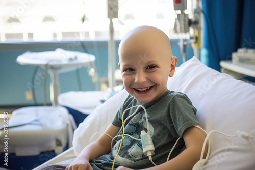 Bald boy smiling in cancer hospital bed