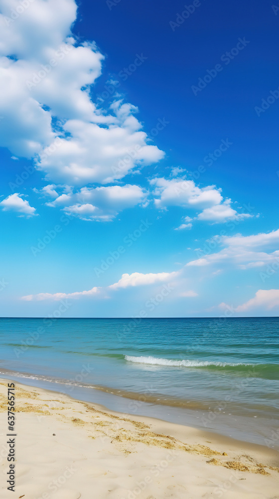 Serene coastal scene with blue sky and fluffy white clouds. Golden sand and sparkling blue-green sea. Perfect for summer holidays. Vertical image, Generative AI