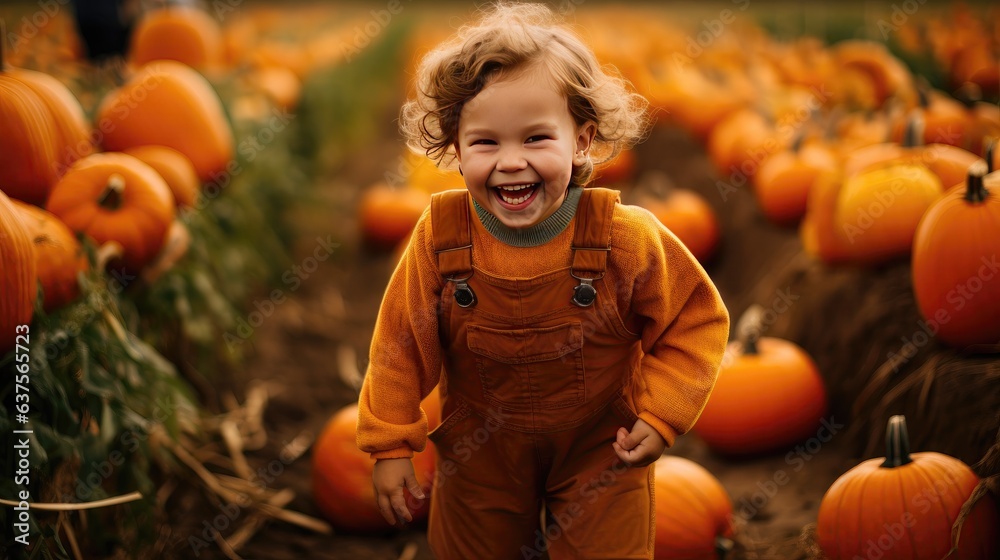 Happy child in a pumpkin patch in autumn. Halloween seasonal fall. Laughing toddler in October. Smiling kid. Happy child in a pumpkin patch in autumn. Halloween seasonal fall. Laughing toddler in October. Smiling kid.