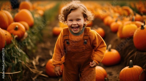 Happy child in a pumpkin patch in autumn. Halloween seasonal fall. Laughing toddler in October. Smiling kid.