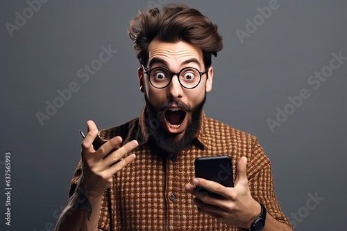 Startlingly surprised dapper young man with beard and mouth open looks away holding phone against gray background