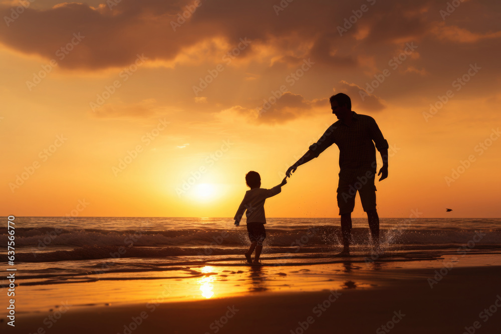 Father and son silhouettes walking at sunset beach together. Happy relationships in family