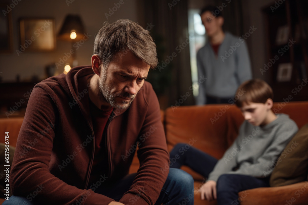 Relationship between father and child. Difficult conversation with teenager. Serious dad and sad son sitting on sofa and talking. Family problems