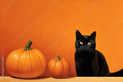 banner for halloween. orange background, black cat, pumpkin. background with place for text. wallpaper. postcard © Al