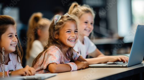 Happy young girls sitting in a coding class, learning basic programming skills. Generative AI