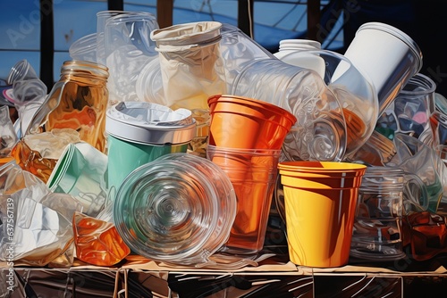 Trashing plastic bottles and utensils. Ecological concept of plastic waste recycling.