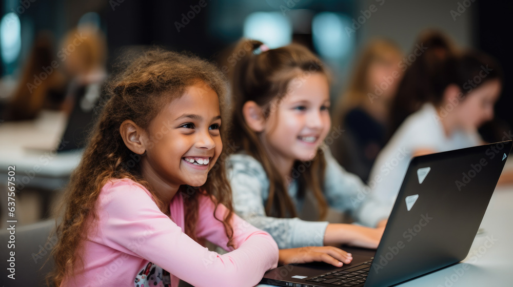 Happy young girls sitting in a coding class, learning basic programming skills. Generative AI Happy young girls sitting in a coding class, learning basic programming skills. Generative AI