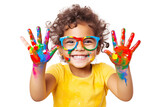 Smiling Little African American Girl with Colorful Painted Hands Isolated on White Background