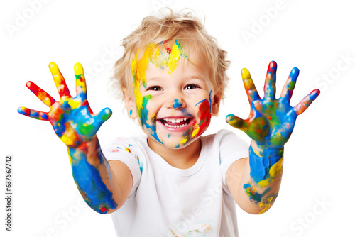 Smiling Little Girl with Colorful Painted Hands Isolated on White Background