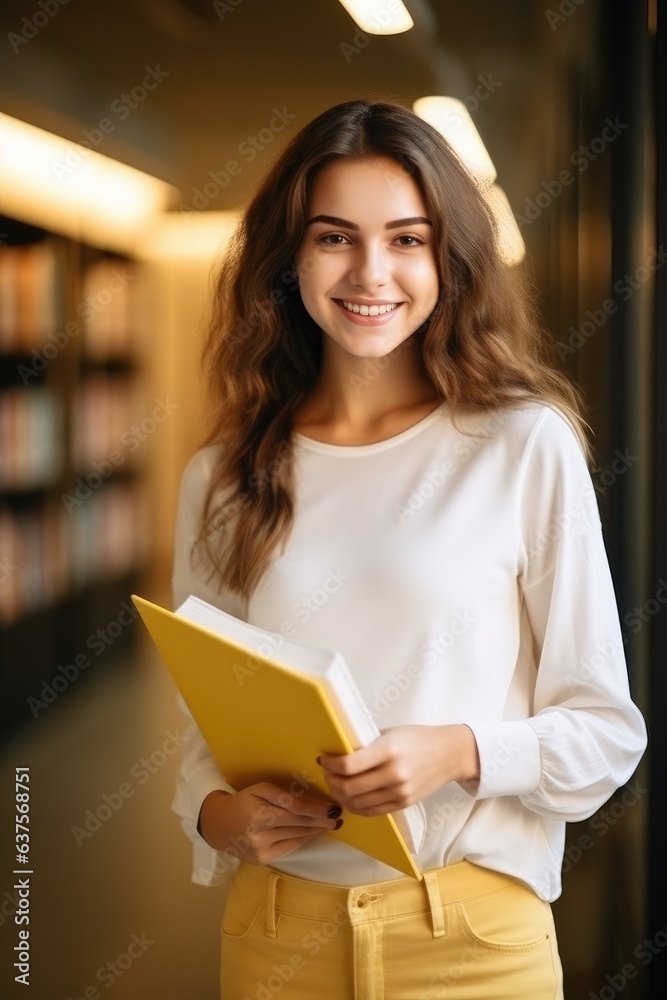 Happy pretty european girl student holding book standing in modern university campus library and study reading book. Generative AI Happy pretty european girl student holding book standing in modern university campus library and study reading book. Generative AI