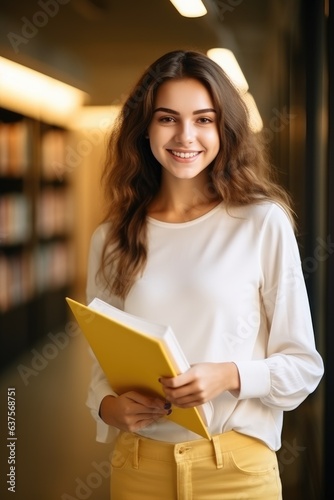 Happy pretty european girl student holding book standing in modern university campus library and study reading book. Generative AI