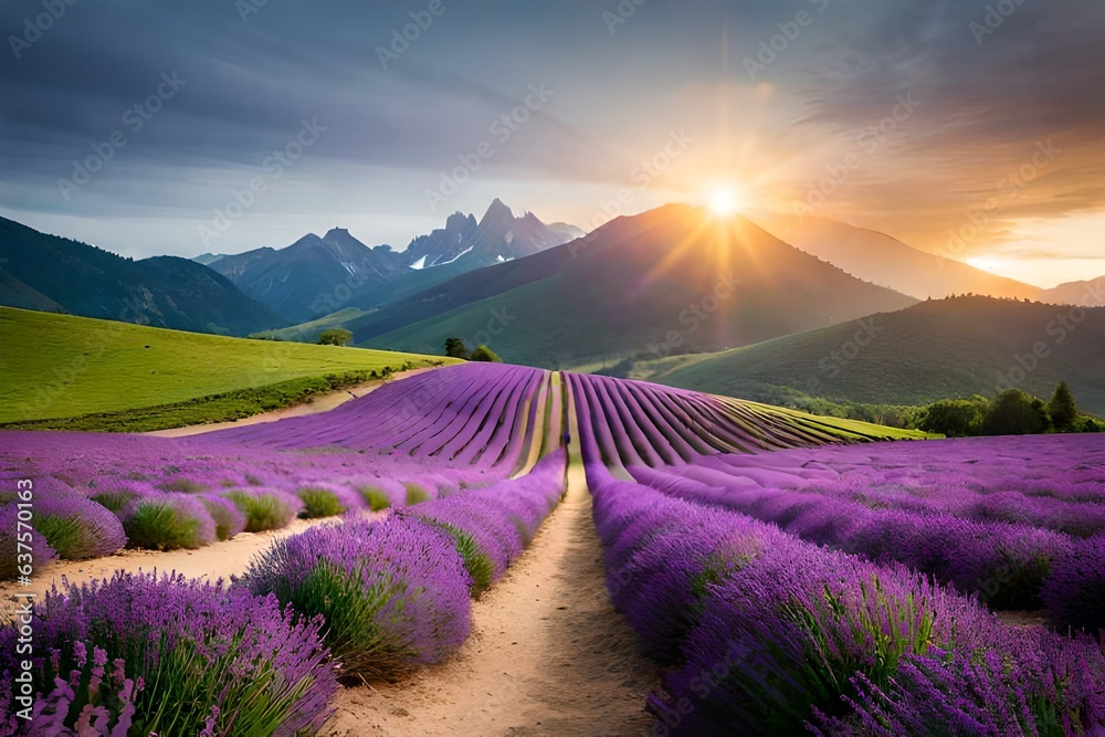 Naklejka premium lavender field at sunset
