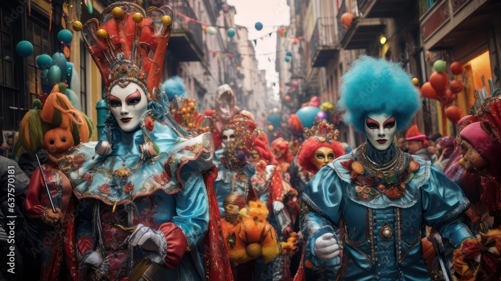 Carneval parade with lots of people in costumes created with Generative AI