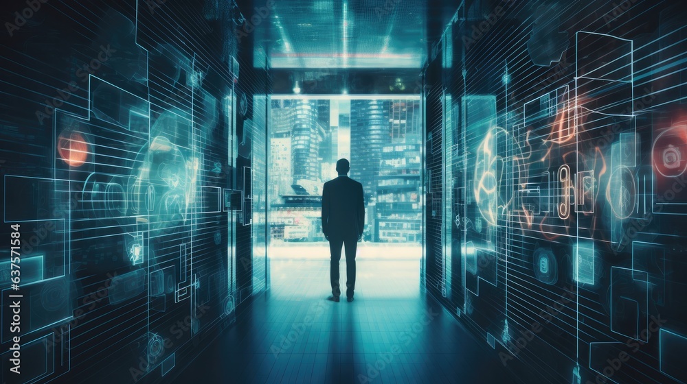 a horizontal layout, of smart tech buildings, data scientist review cyber security information in a Technology-themed JPG format. Generative ai